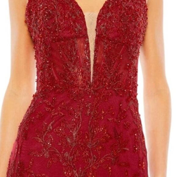 Mac Duggal Red Embellished Plunge Neck Illusion Mermaid Gown 20330 Size 2 NWT - Picture 4 of 12